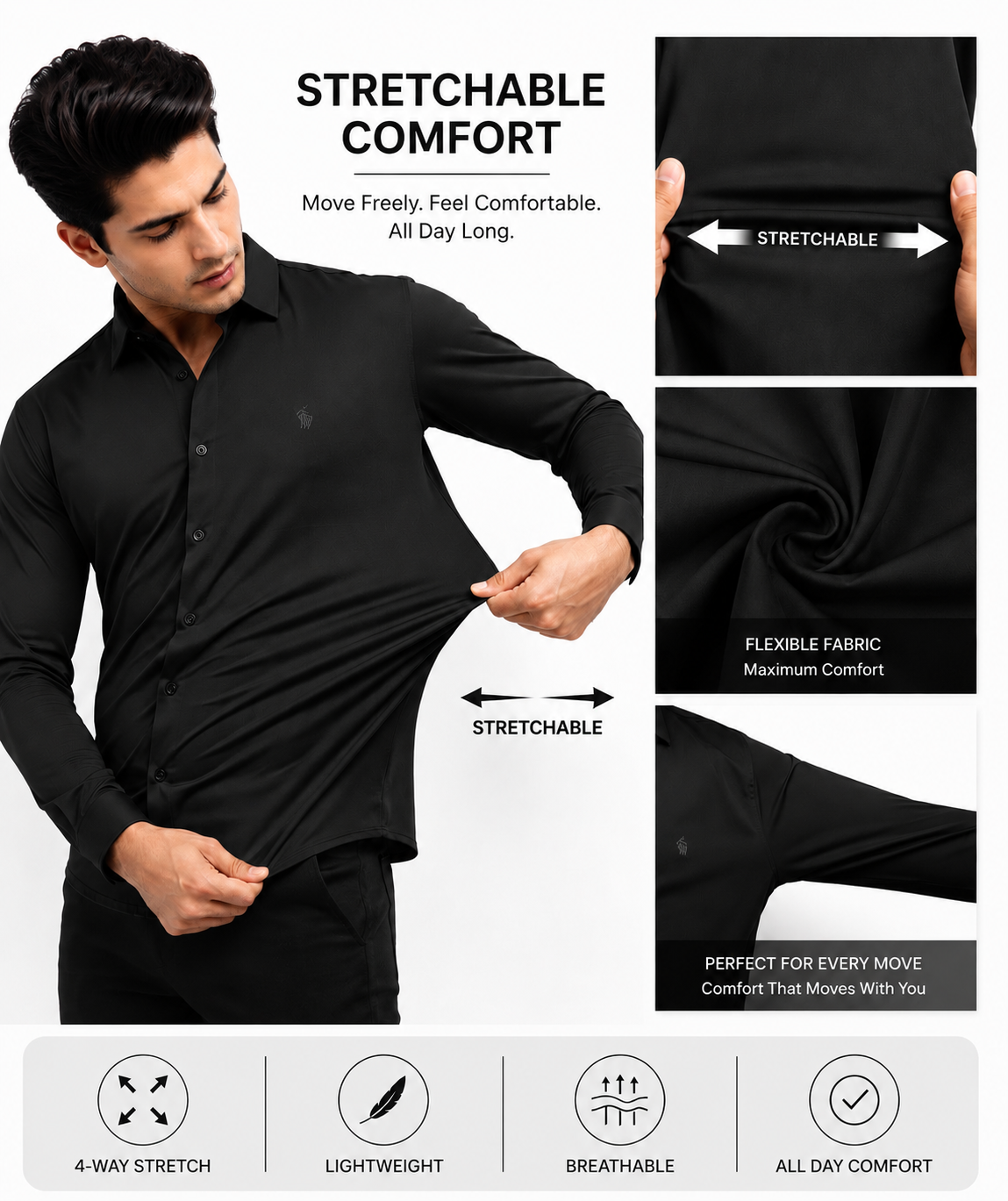 Black Stretchable Lycra Shirt | Easy Iron & Wrinkle Resistant
