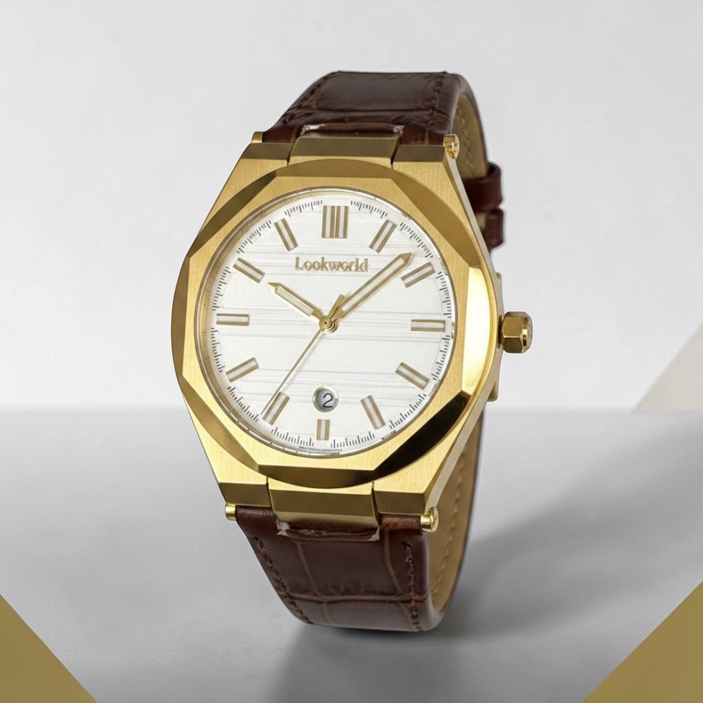 Luxury Gold White Dial Men's Watch with Brown Leather Strap - Elegant Classic Wrist Watch UAE