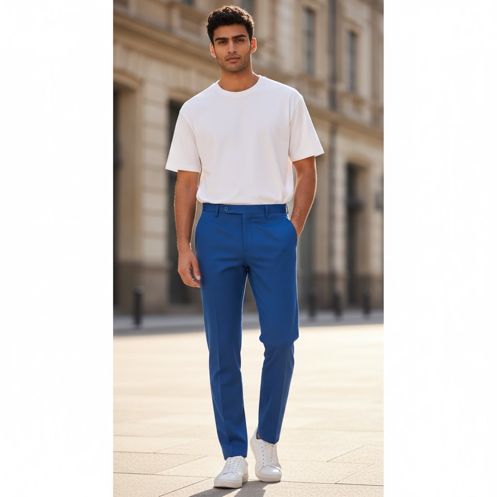 Formal pants are tailored, fitting navy