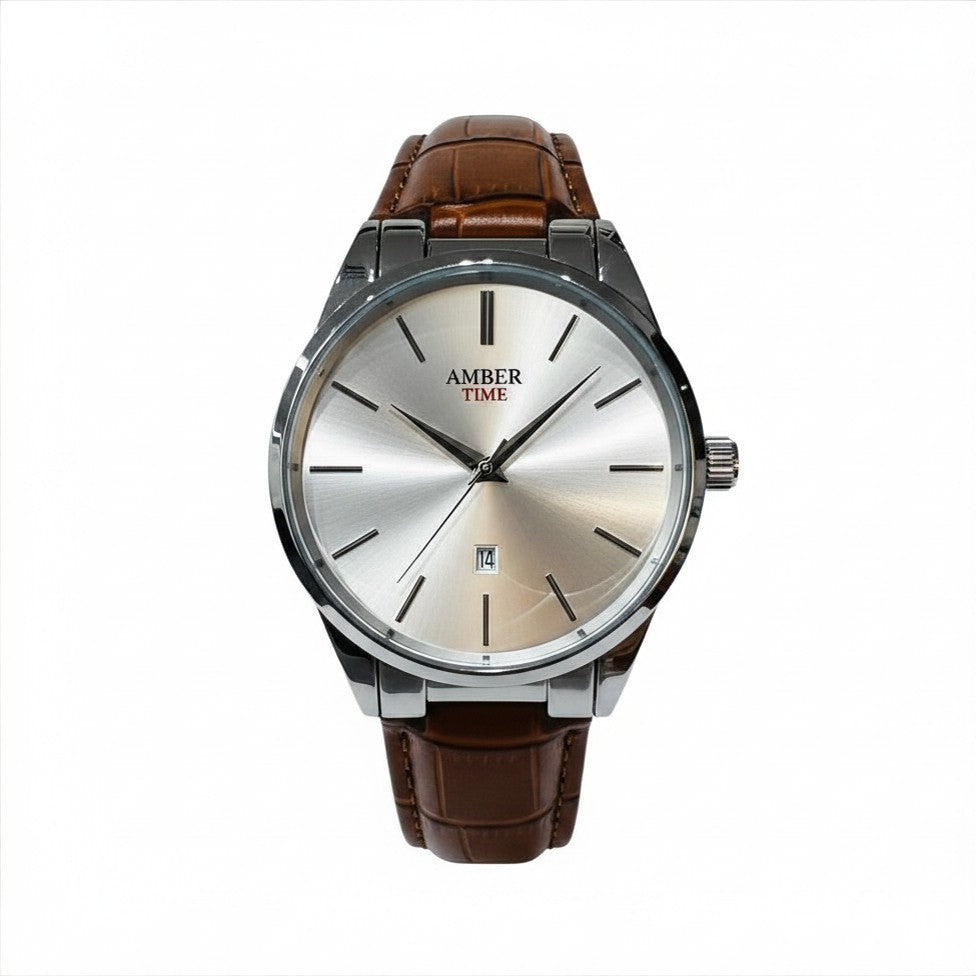 Luxury Men’s Wrist Watch with Silver Dial and Leather Strap