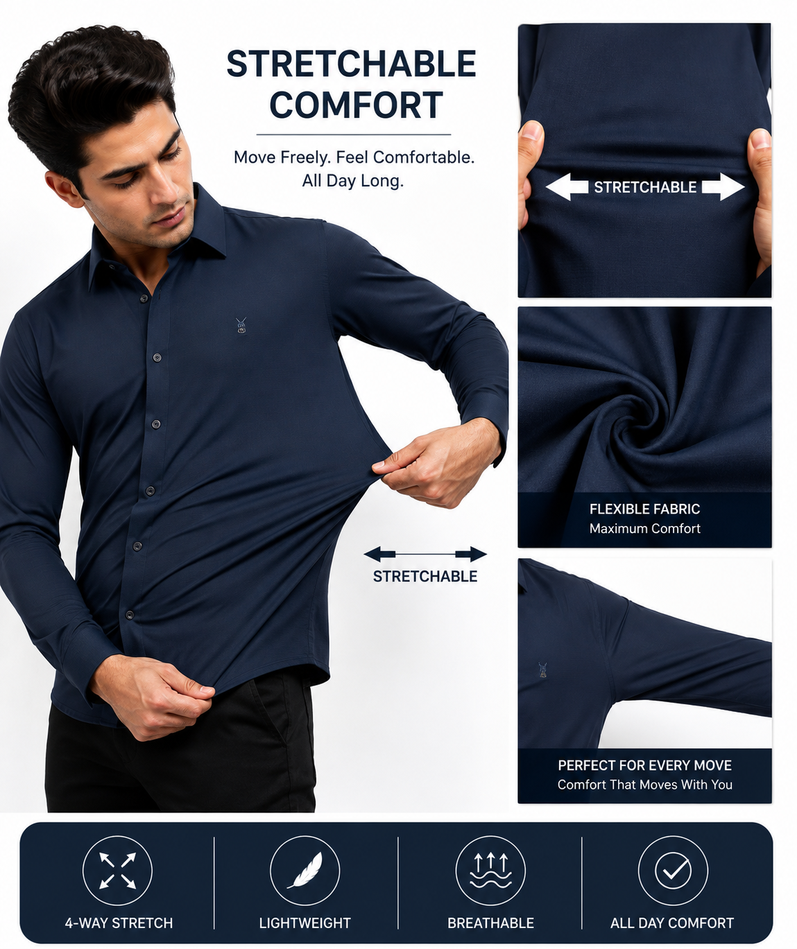 Men’s Navy Blue Premium Stretchable Lycra Shirt – Easy Iron & Wrinkle Resistant