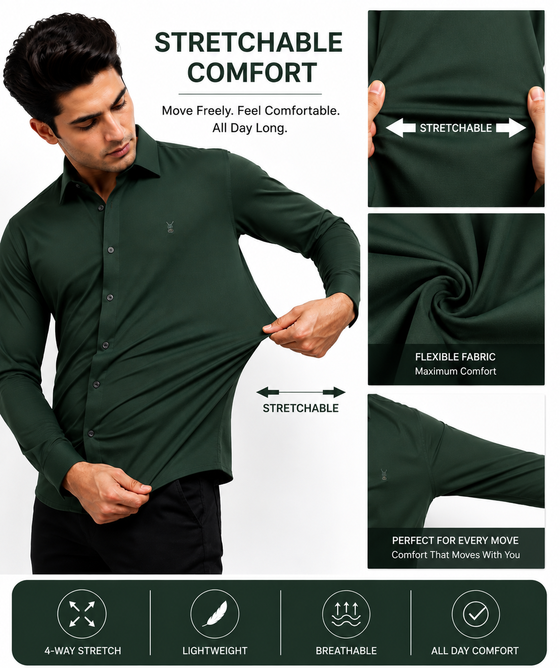 Men’s Green Premium Stretchable Lycra Shirt – Easy Iron & Wrinkle Resistant