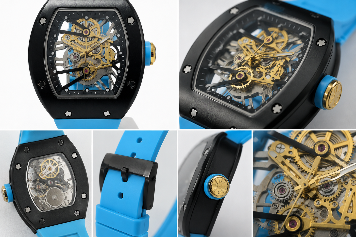 Black Skeleton Watch with Blue Strap for Men - Bold Designer Wrist Watch UAE