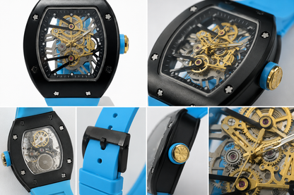 Black Skeleton Watch with Blue Strap for Men - Bold Designer Wrist Watch UAE