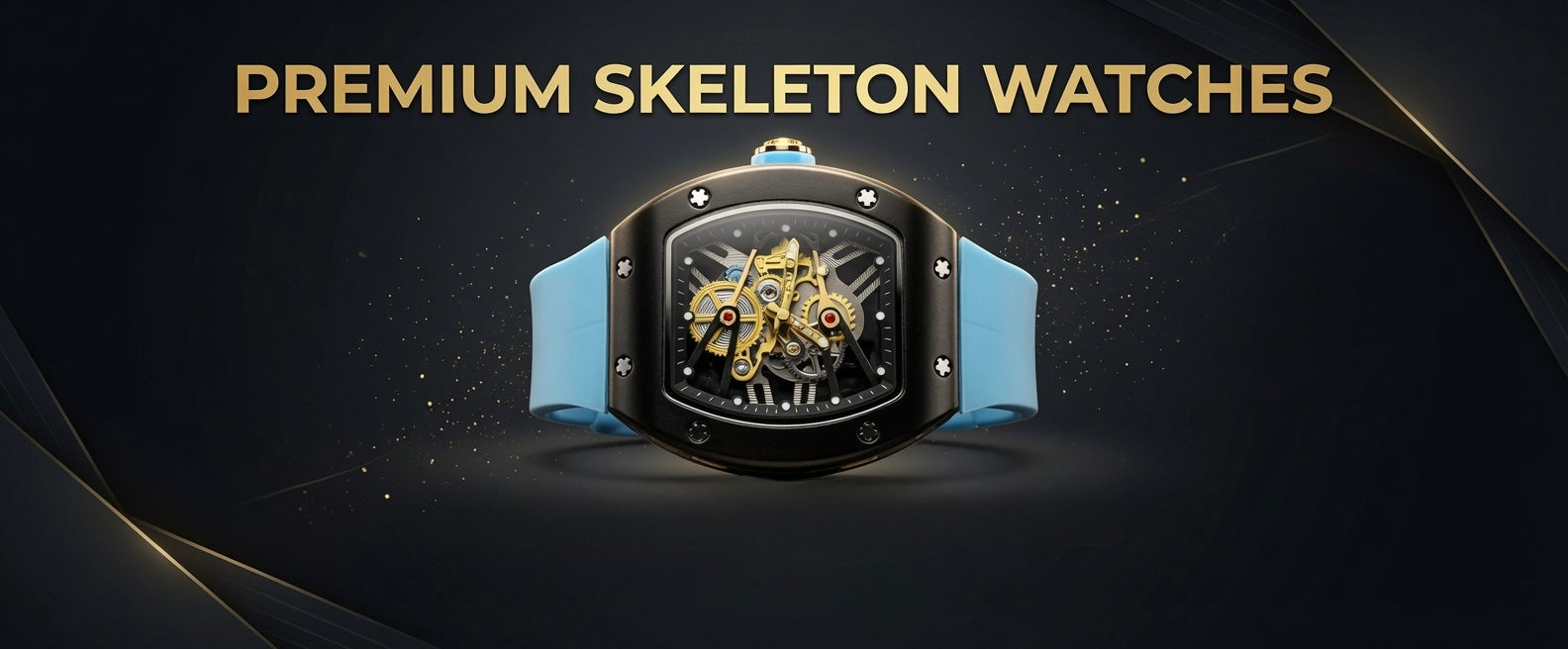 Luxury black skeleton men's watch with blue strap - Desi Boyz Store