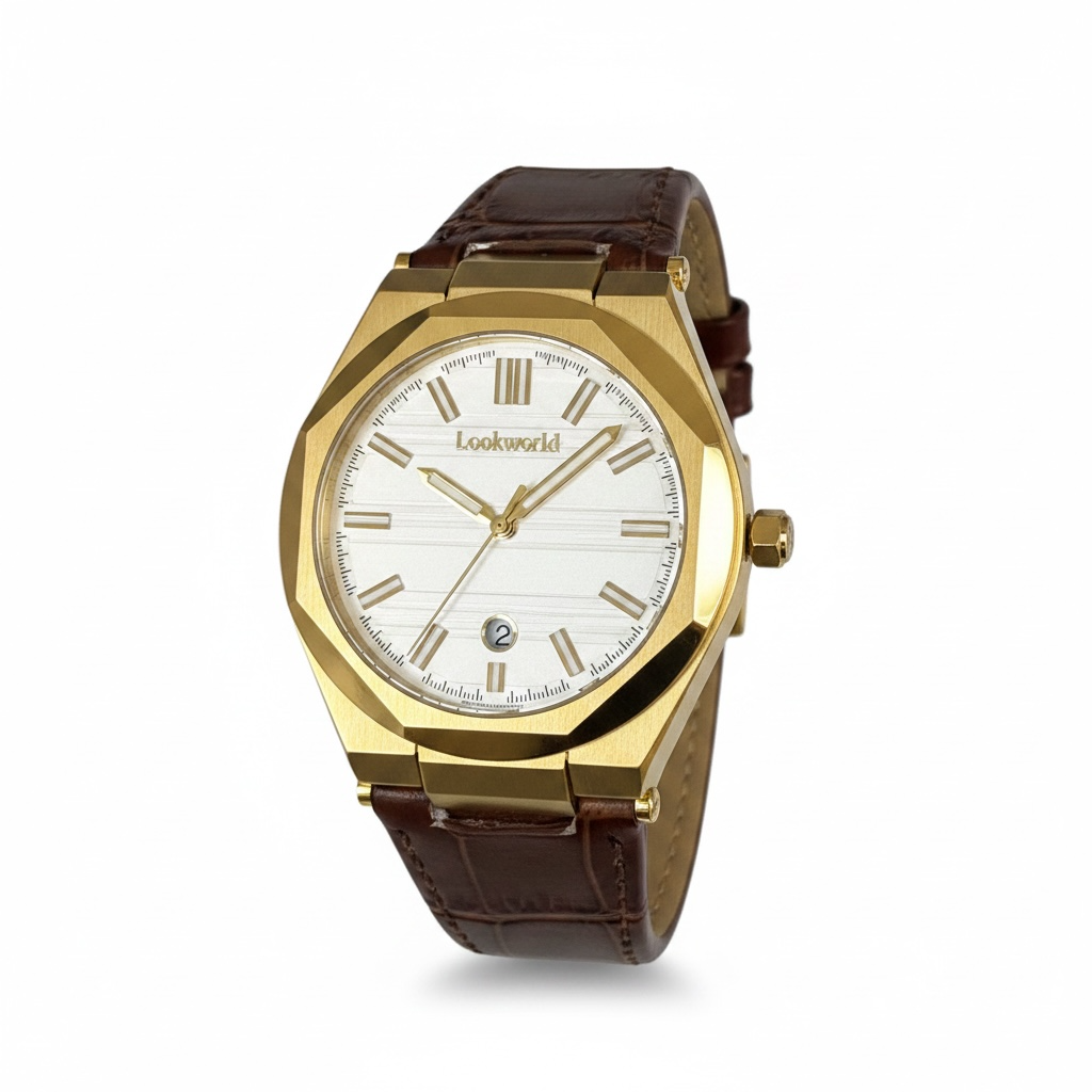 Luxury gold white dial men's watch with brown leather strap - Elegant classic wrist watch UAE