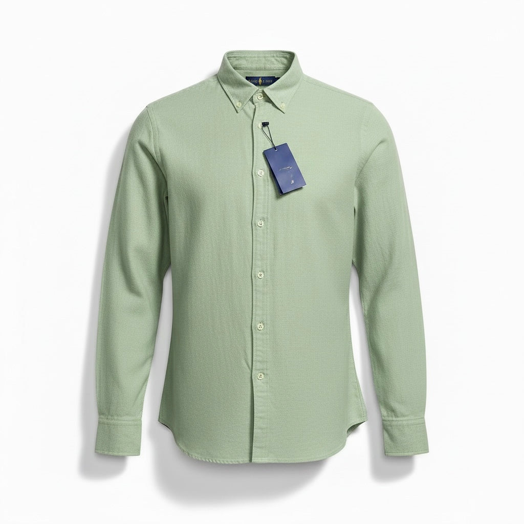 Back view of a men's sage green long-sleeve linen shirt laid flat, featuring a classic button-down collar and pleated back yoke.
