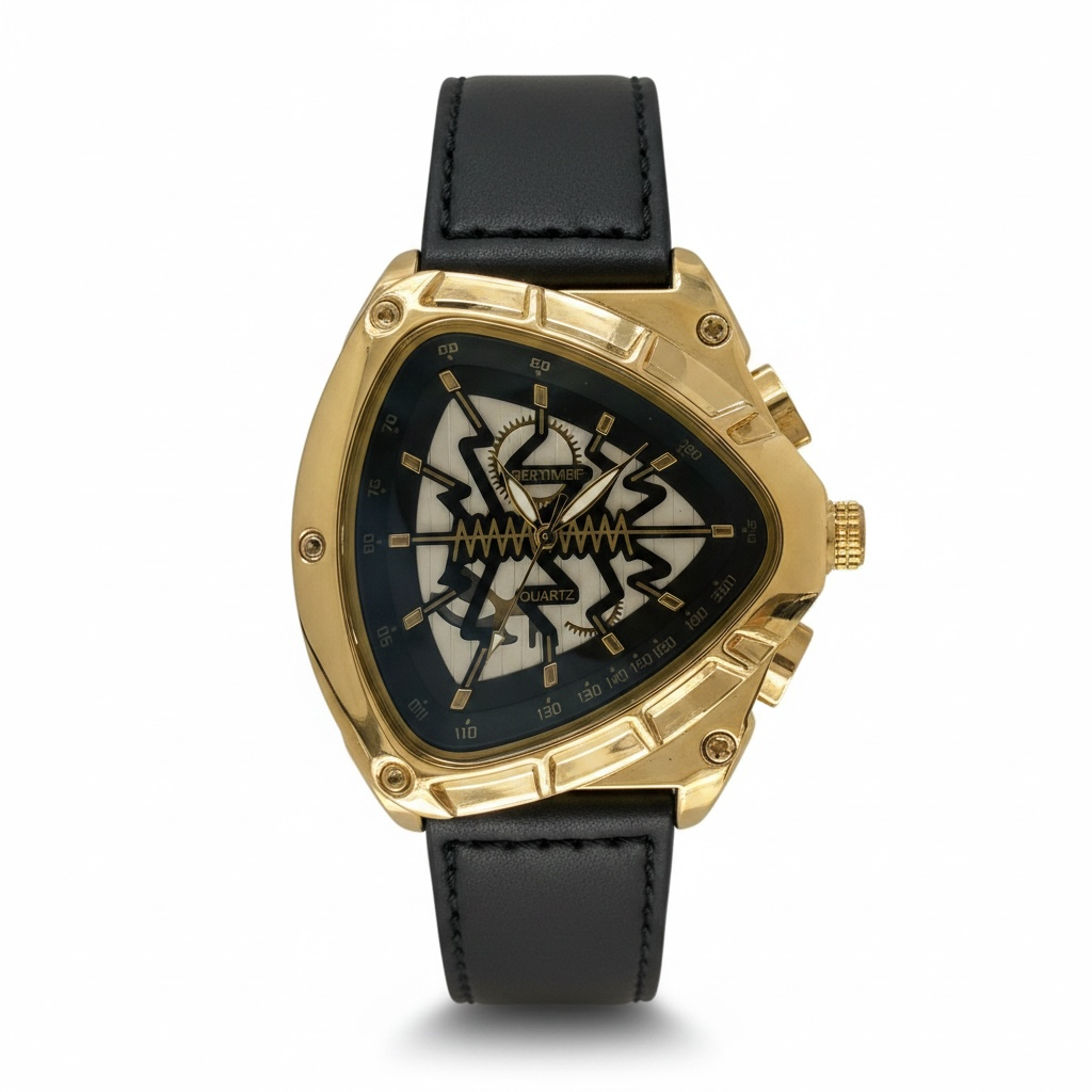 Gold triangular skeleton watch closeup, Black leather strap of luxury watch