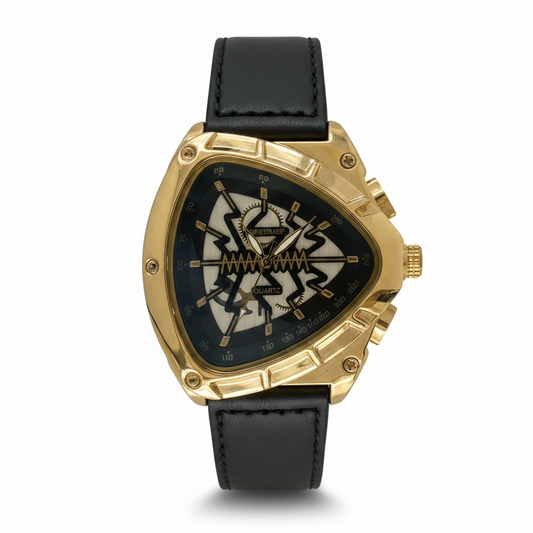 Gold triangular skeleton watch closeup, Black leather strap of luxury watch