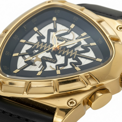 Gold triangular skeleton watch closeup, Black leather strap of luxury watch