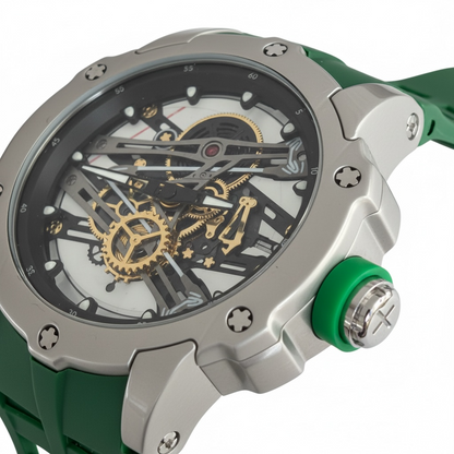 Luxury silver green skeleton men's watch with green strap - Bold sporty designer watch UAE