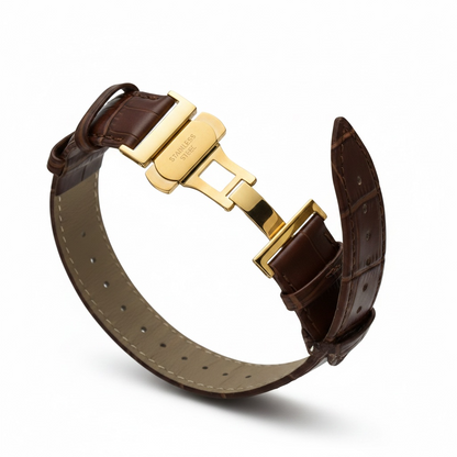 Luxury Gold White Dial Men's Watch with Brown Leather Strap - Elegant Classic Wrist Watch UAE