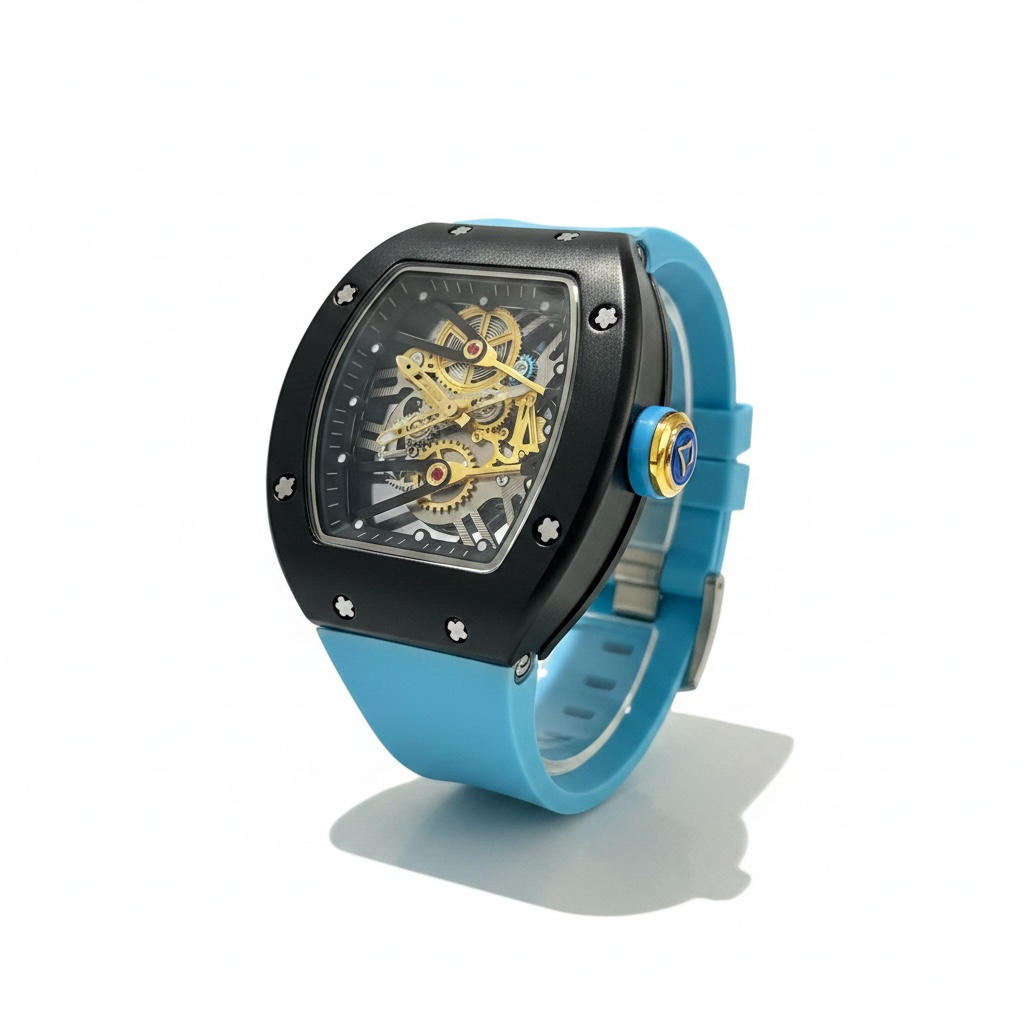 Black Skeleton Watch with Blue Strap for Men - Bold Designer Wrist Watch UAE