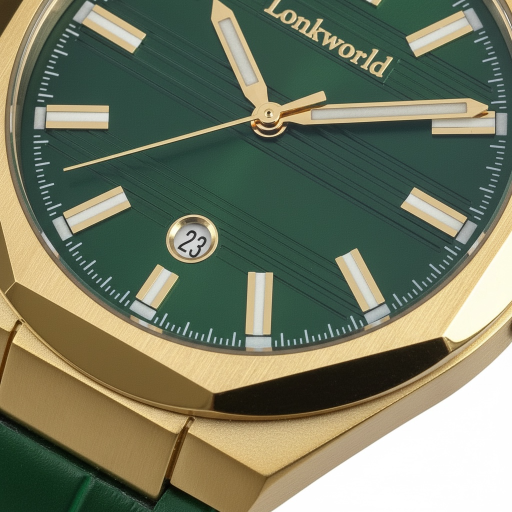 Luxury Gold Green Dial Men's Watch with Leather Strap - Elegant Classic Wrist Watch