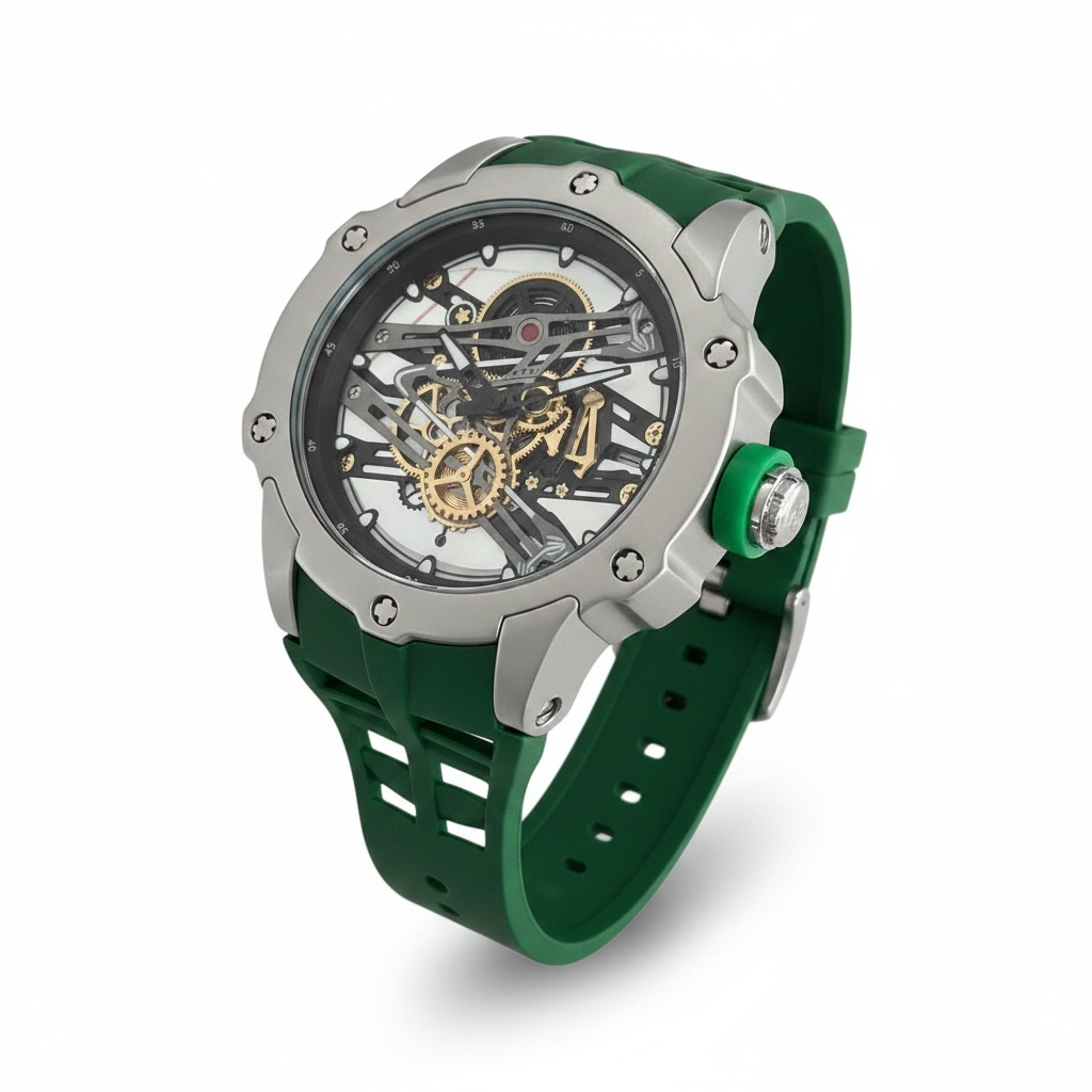 Luxury Silver Green Skeleton Watch with Green Strap for Men - Bold Sporty Designer Watch UAE