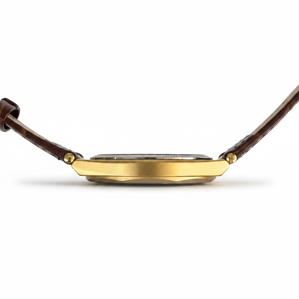 Gold case side view of luxury men's watch with brown strap