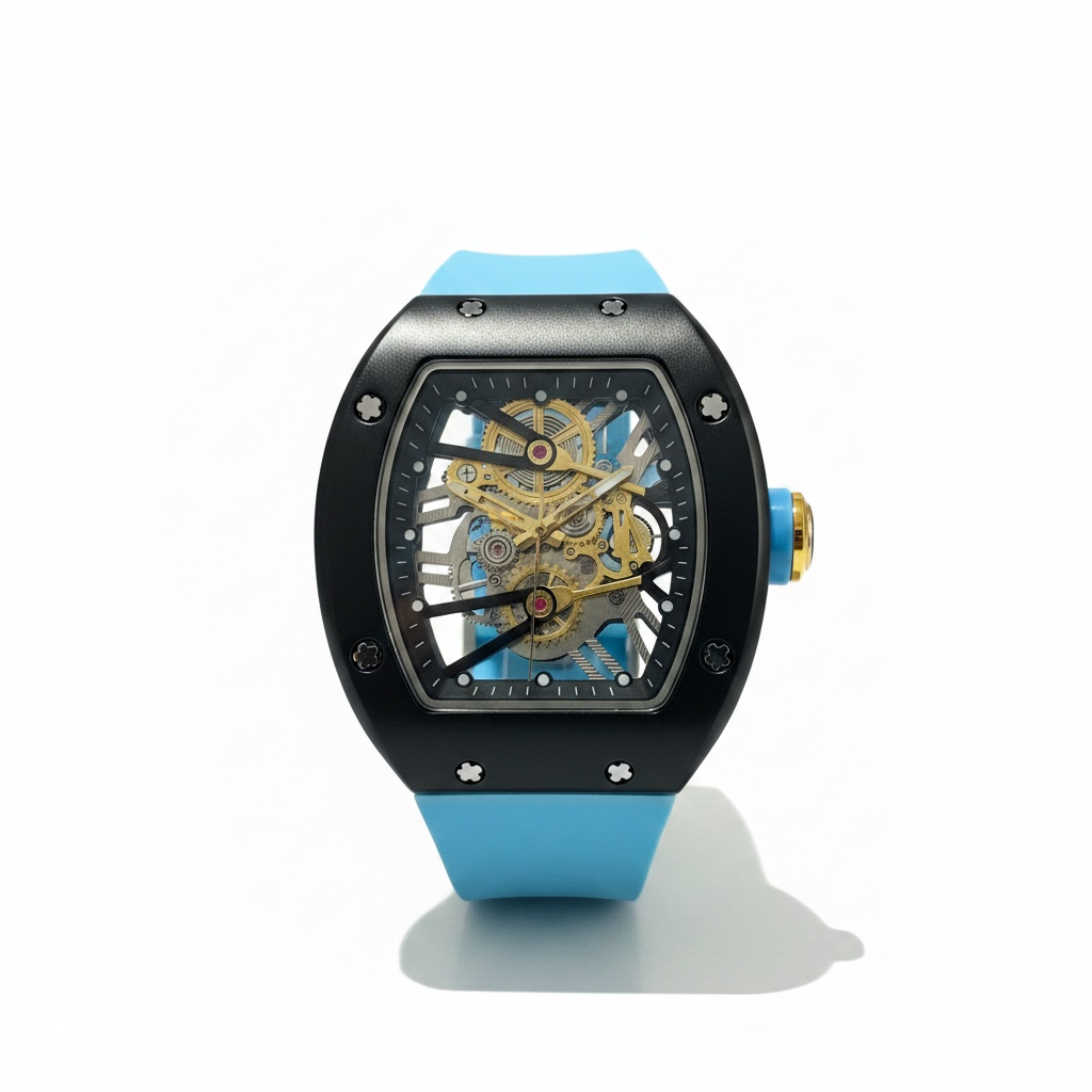 Luxury black skeleton watch with blue strap and gold mechanism - Bold designer men's watch UAE