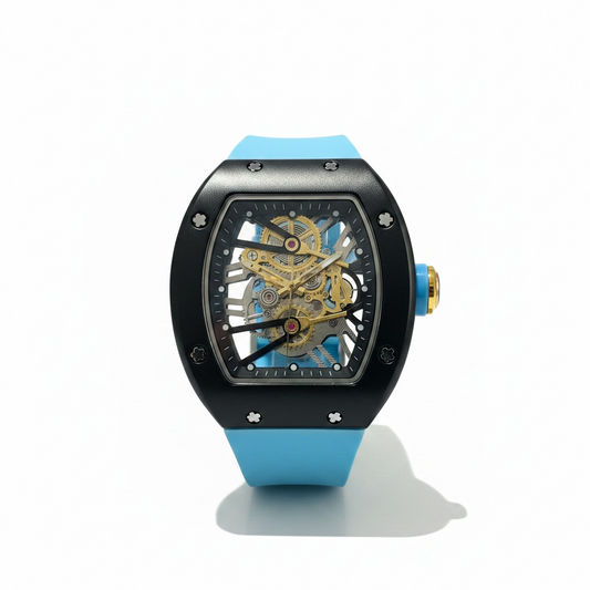 Luxury black skeleton watch with blue strap and gold mechanism - Bold designer men's watch UAE