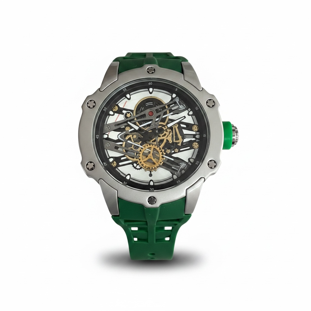 Luxury silver green skeleton men's watch with green strap - Bold sporty designer watch UAE