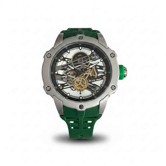 Luxury silver green skeleton men's watch with green strap - Bold sporty designer watch UAE
