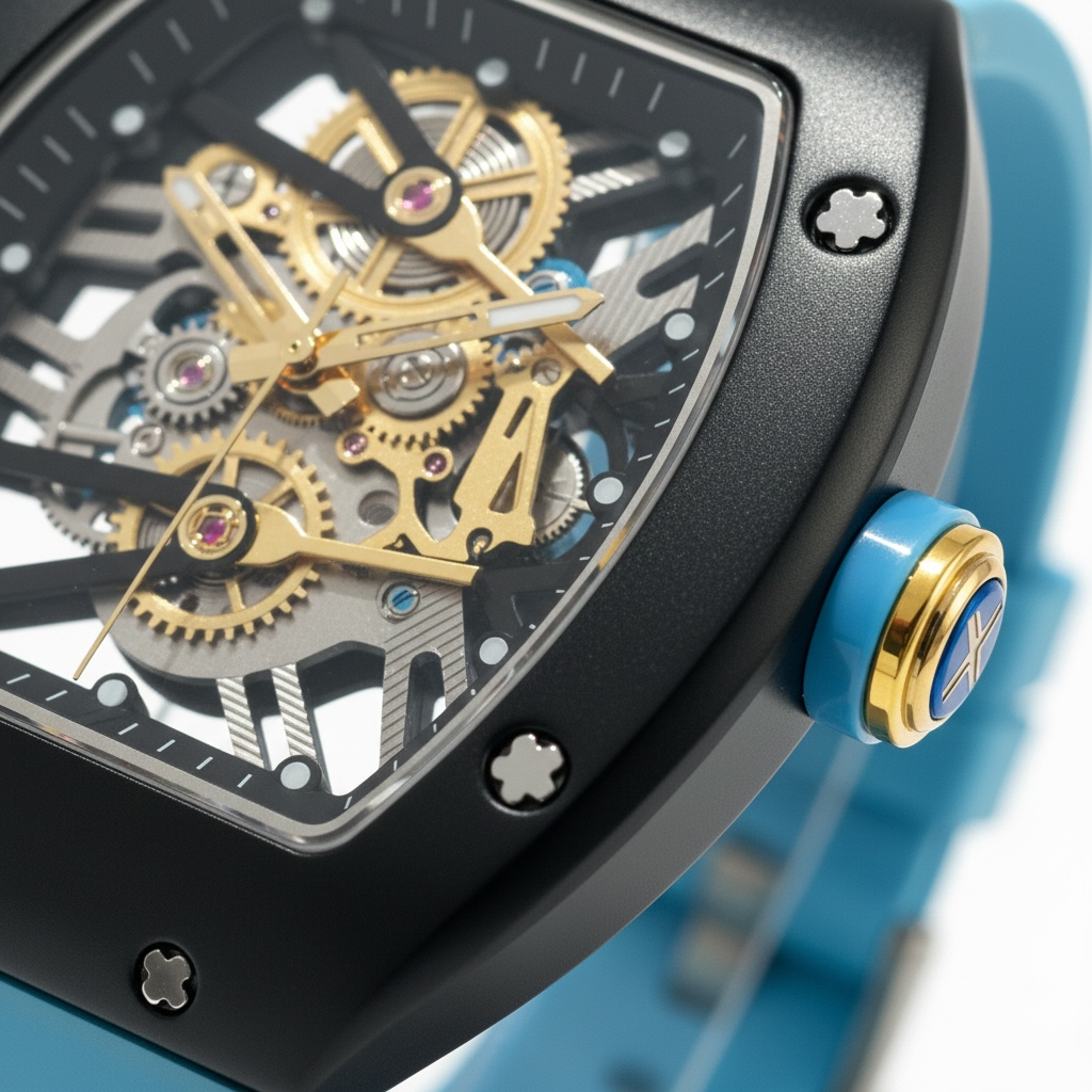 Black Skeleton Watch with Blue Strap for Men - Bold Designer Wrist Watch UAE