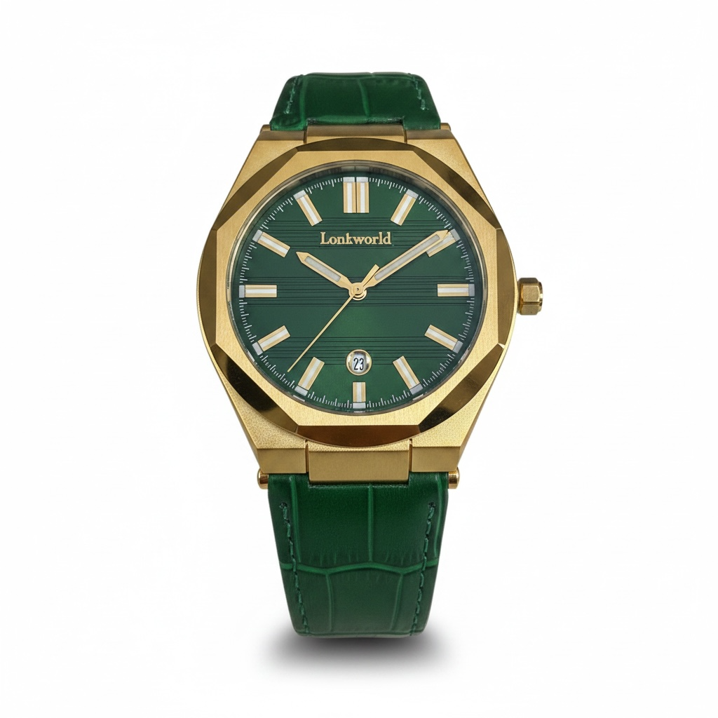 A luxury wristwatch by Lookworld featuring a gold-tone octagonal bezel, a dark green sunburst dial with gold-tone hands and baton indices, and a matching dark green alligator-textured leather strap, shown against a plain white background.