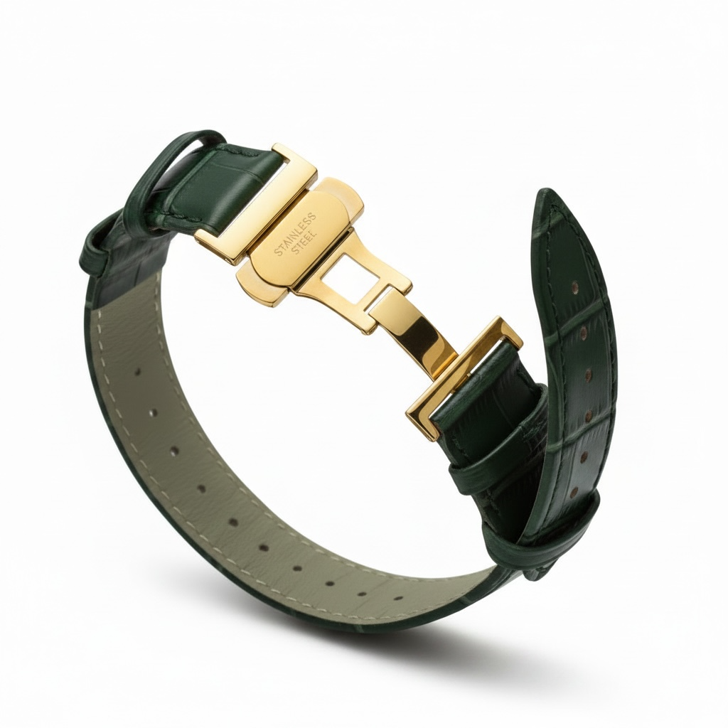 A close-up of a watch strap with a dark green alligator leather exterior and a light beige interior, featuring a gold-tone buckle engraved with 'STANLEY BROWN'.