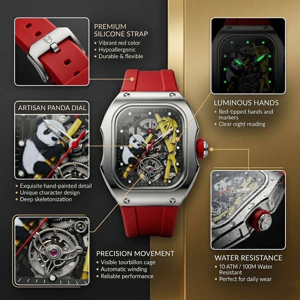 Panda & Bamboo Artisan Skeleton Watch – Bold Silicone Strap