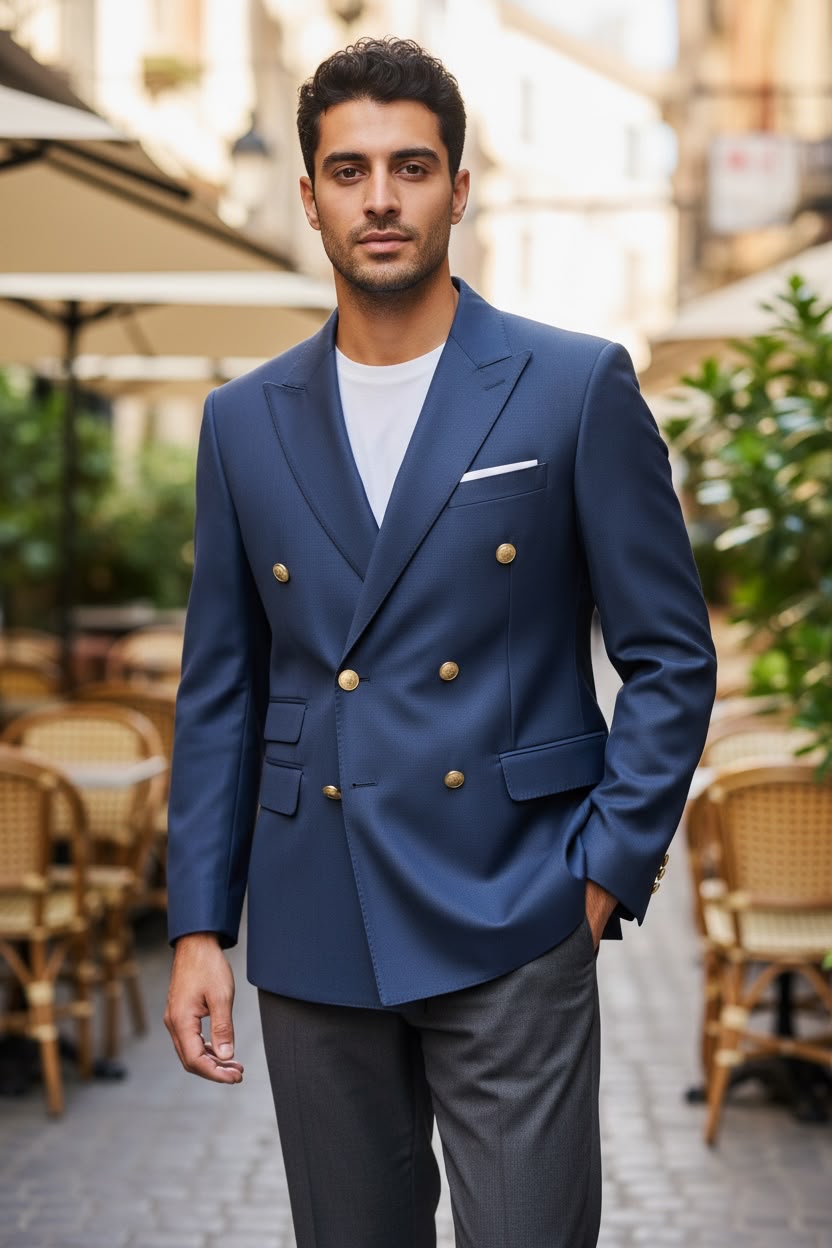 Classic Tailored Double-Breasted Suit Blazer[blue]