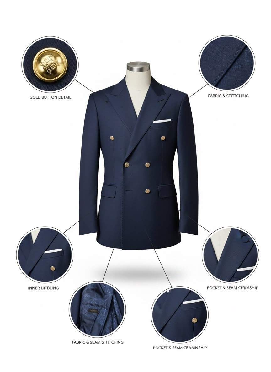 Classic Tailored Double-Breasted Suit Blazer[blue]