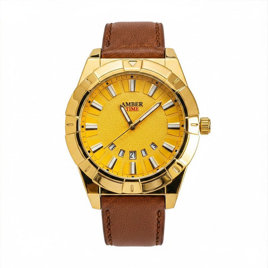 Men’s Gold Watch with Brown Leather Strap