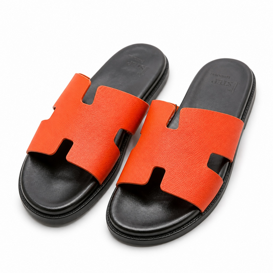 Premium Orange Leather Slide Sandals for Men with Soft Cushioned Black Sole – Casual H Style Slippers | Desi Boyz Store